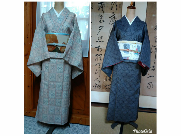 二部式のきもの。ウールの着物(左)と叔母の大島紬(右)。